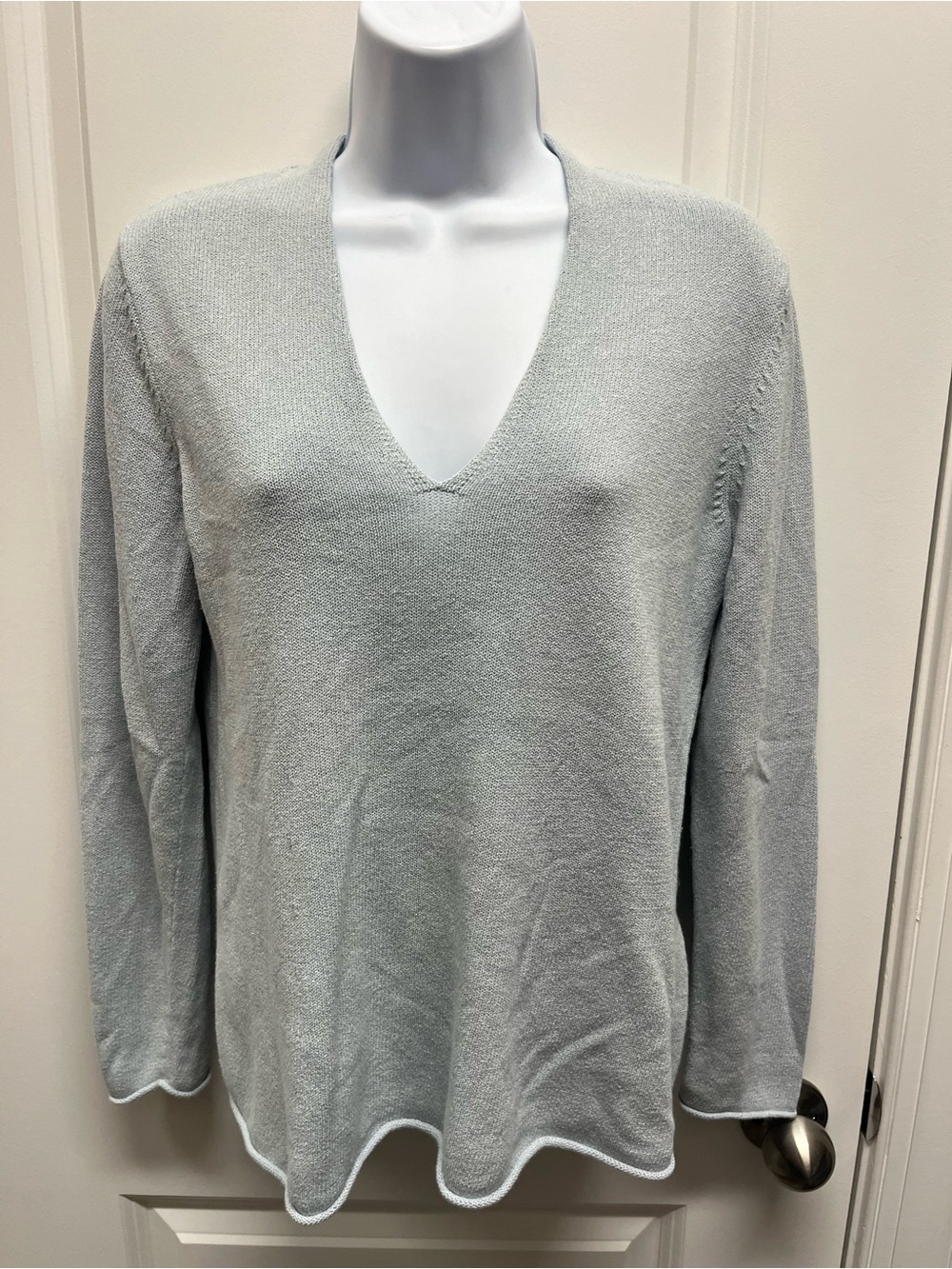 EILEEN FISHER Light Blue Cotton Silk Linen V-Neck Knit Sweater Size S